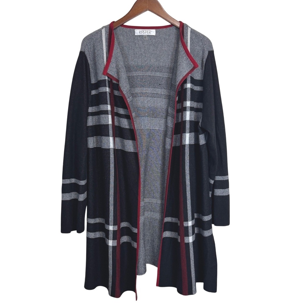 Kasper Womens XL Cardigan Sweater Black Grey Plaid Open Front Longline Red Trim